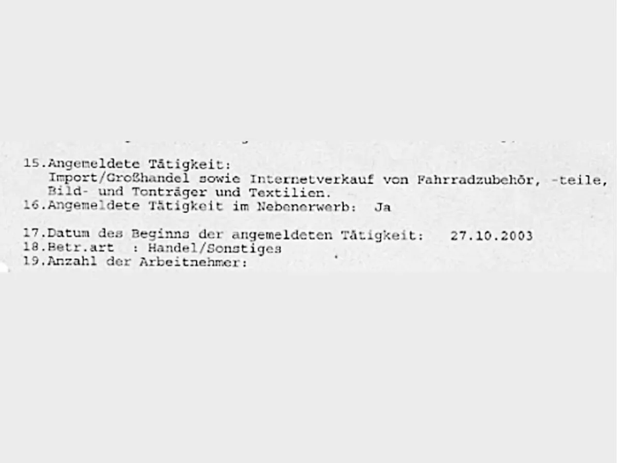The business registration of 27 October 2003: import, wholesale and online sales of bike parts