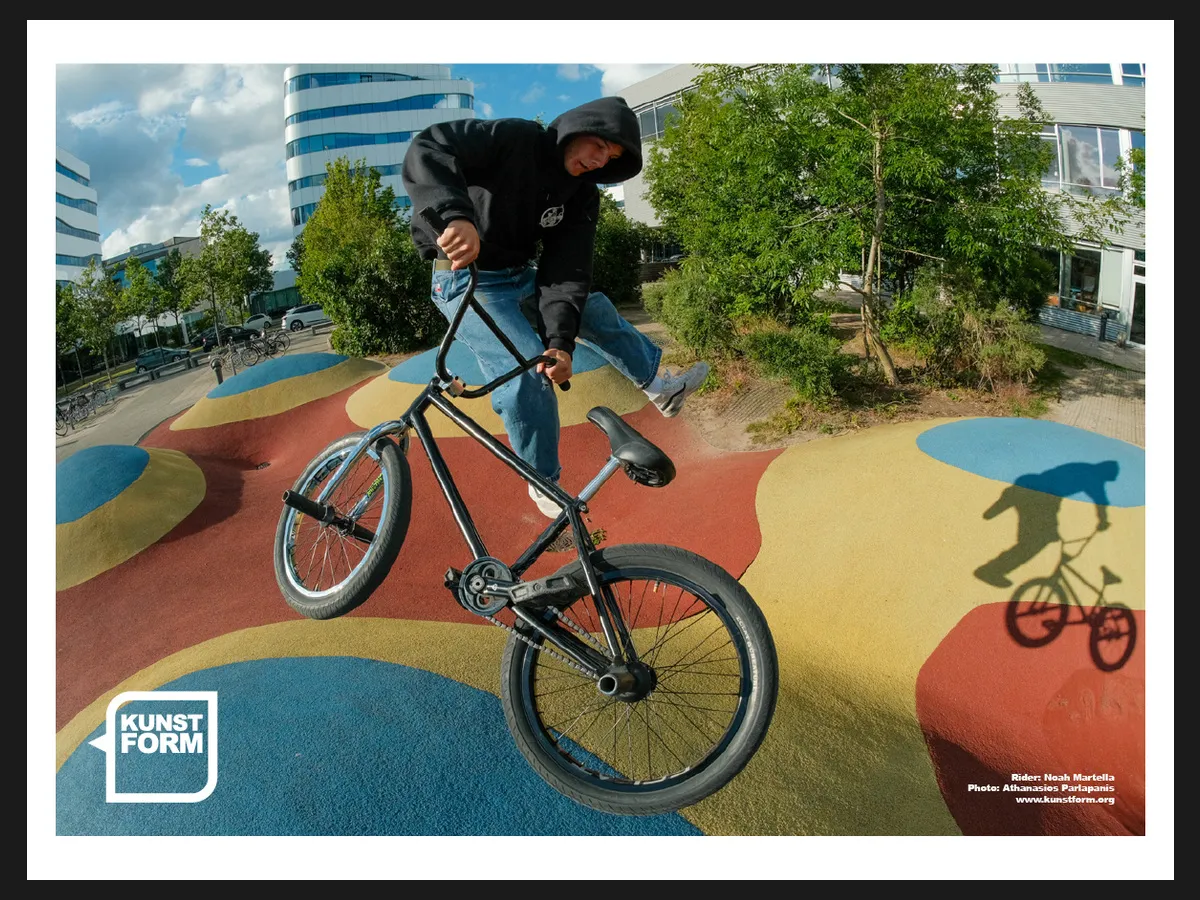 Team poster 2024, Copenhagen: Noah Martella on the coloured asphalt of a pumptrack