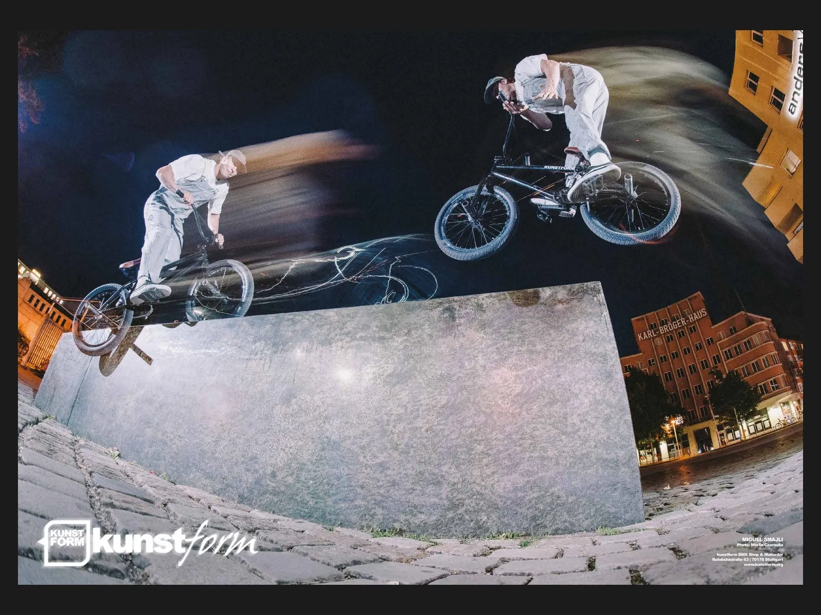 Team poster 2018: Miguel Smajli as a motion study over a concrete block at night, photo Merlin Czarnulla