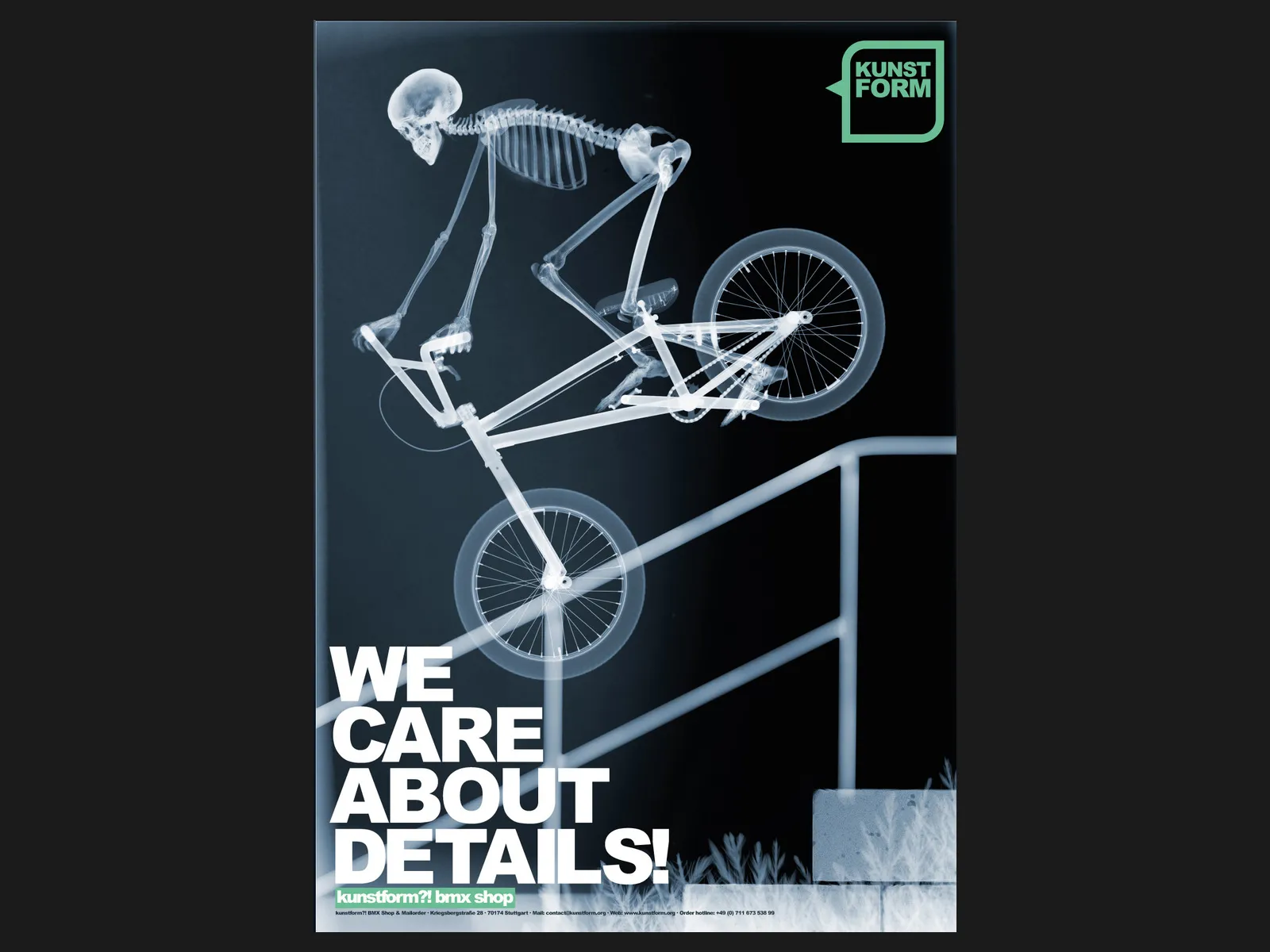 X-ray of a BMX bike on a rail, headline We care about details