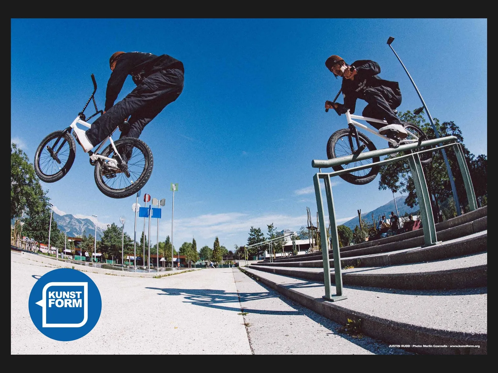 Team poster 2019: Justin Rudd over a rail, twice in one picture, photo Merlin Czarnulla