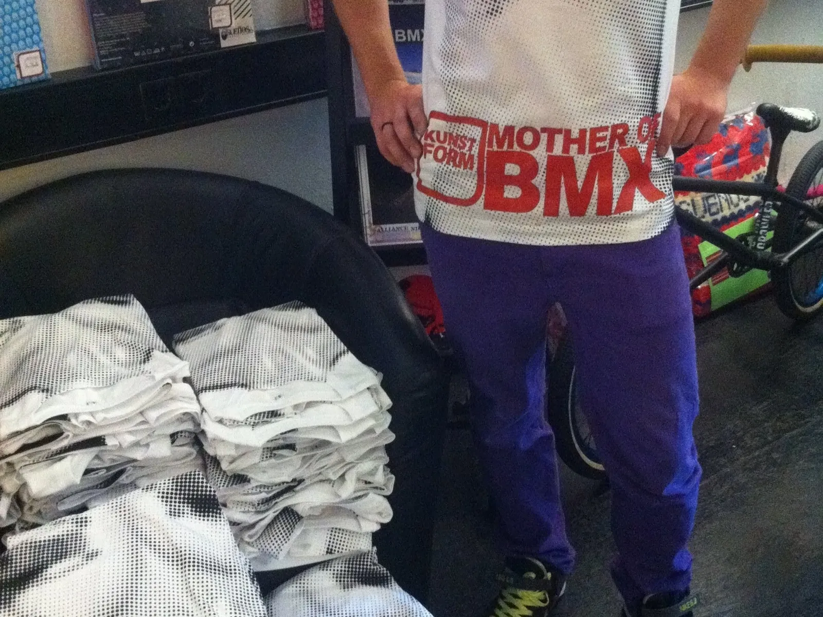 At the booth in Cologne: the "Mother of BMX" shirt and the stack behind it