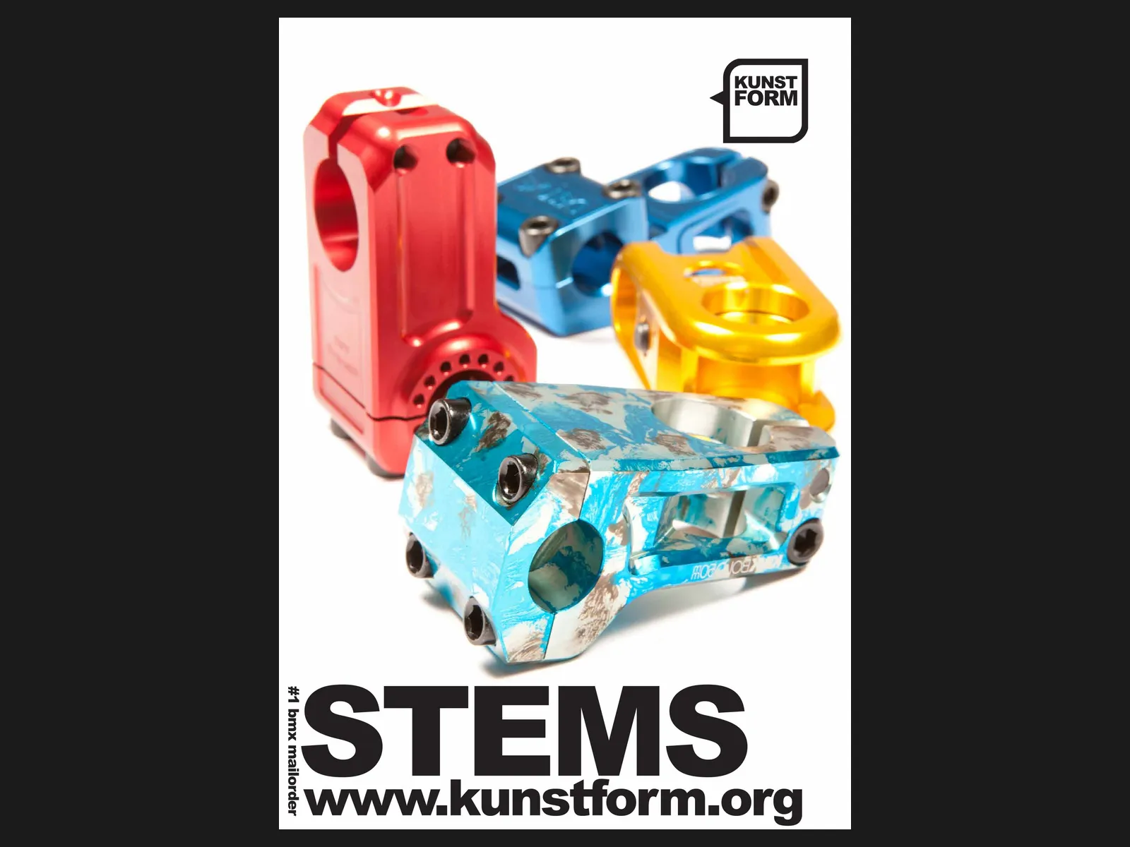 Poster 2010: Stems, vier Vorbauten in Rot, Blau, Gold und Splatter