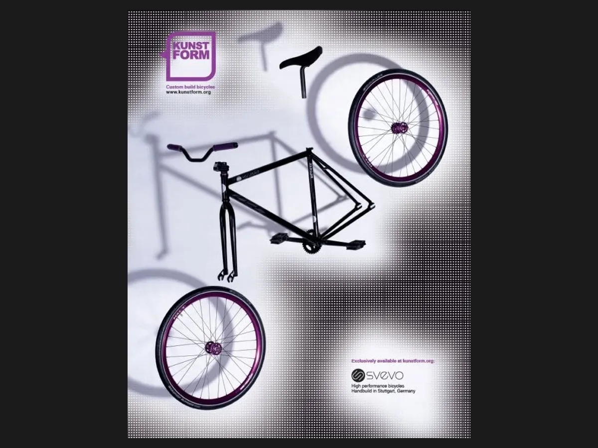 Das Motiv für die Svevo Räder, 2008: ein zerlegtes Fixie mit lila Felgen, handgebaut in Stuttgart