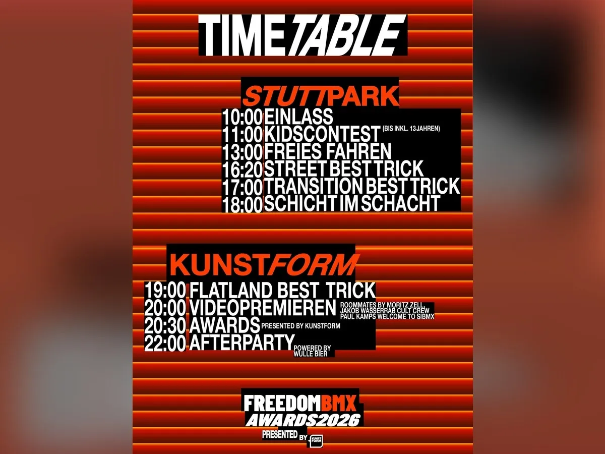 Timetable freedombmx Awards 2026: Stuttpark ab 10 Uhr, kunstform ab 19 Uhr mit Flatland Best Trick, Videopremieren, Awards und Afterparty